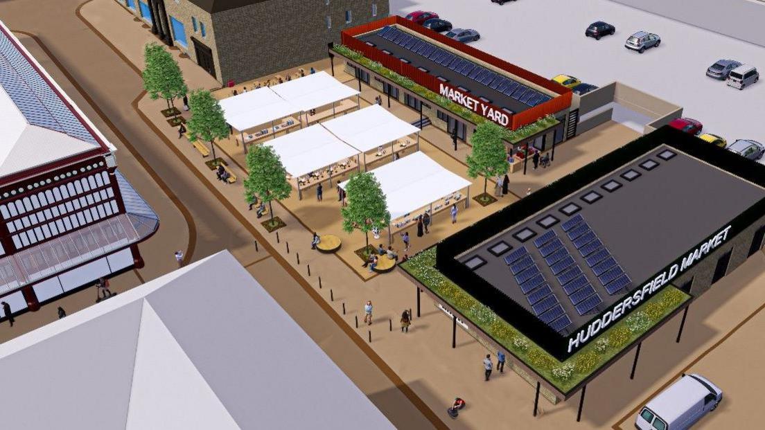 AI image of what the outside of Huddersfield Market will look like from above 