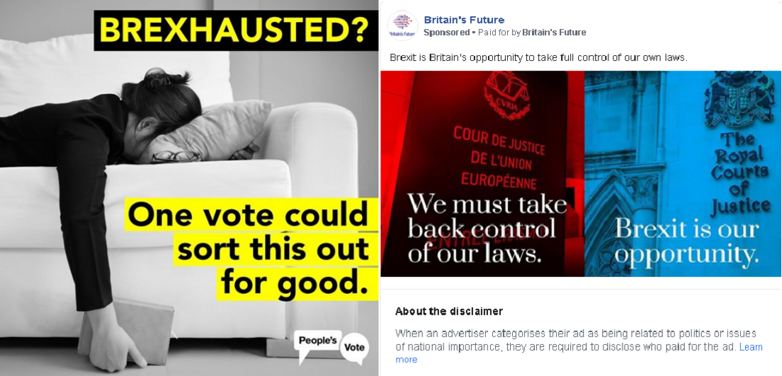 An anti-Brexit Facebook ad and a pro-Brexit Facebook ad