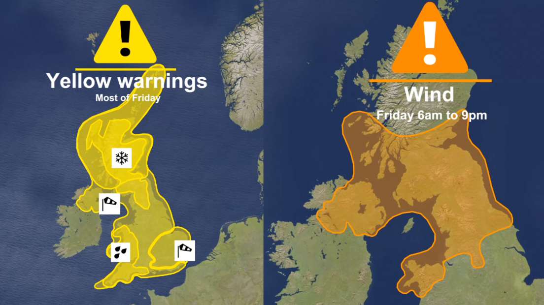 Graphic showing the areas under an amber warning across Northern Ireland, southern Scotland, northern England and north-west Wales.   Elsewhere a yellow warning covers much of the UK.