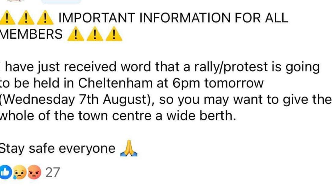 A Facebook post warning of a rally in Cheltenham