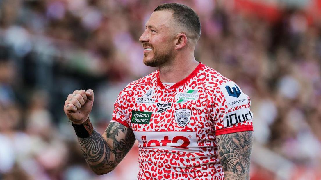 Leigh Leopards winger Josh Charnley celebrates his 250th Super League try, during the match against Hull Kingston Rovers.