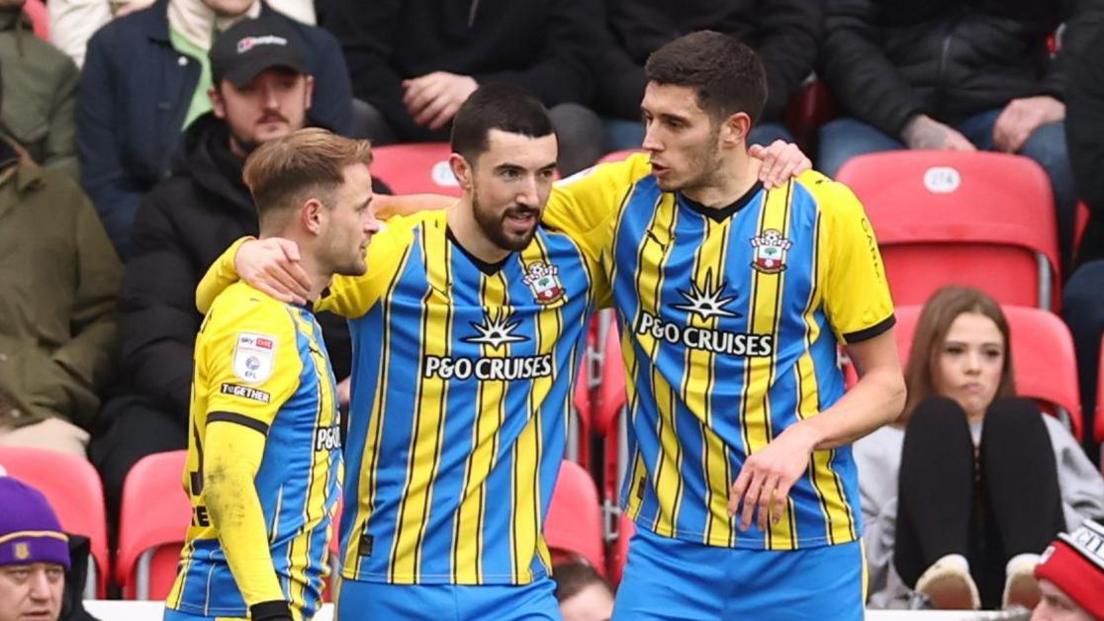 Southampton celebrate Finn Azaz's goal against Stoke City