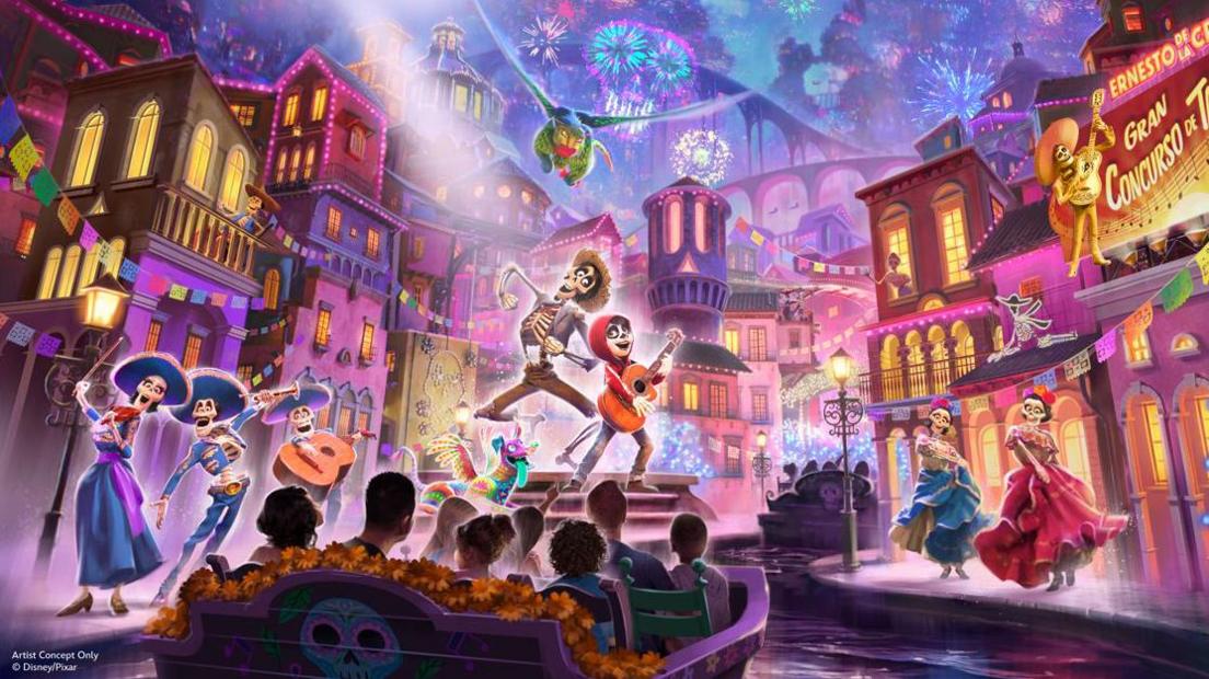 Artist impression shows the Coco-themed ride - characters dance around a boat weaving its way through scenes