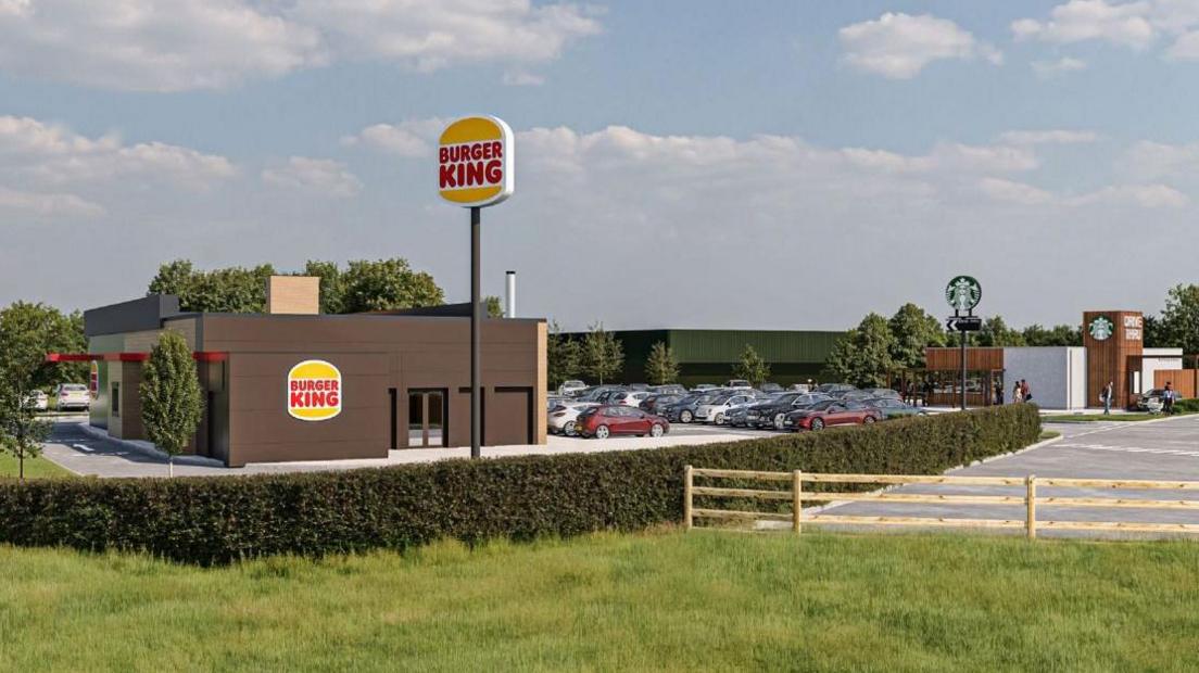 Artist's impression of the proposed development in Spalding showing the Burger King outlet with the firm's red and yellow logo, with the Starbucks' outlet in the background.