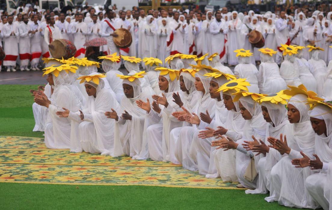 Ethiopian Orthodox choir members sing during the Meskel festival