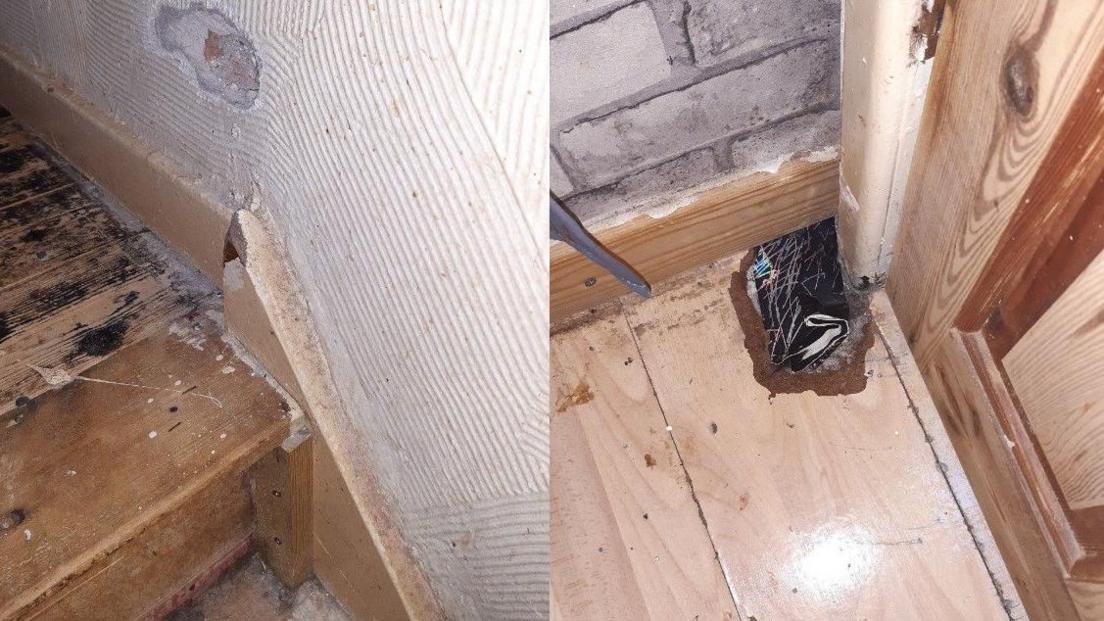 Two images of issues found within the house. On the left is a set of stairs with no carpet, and on the right is an example of exposed wiring.