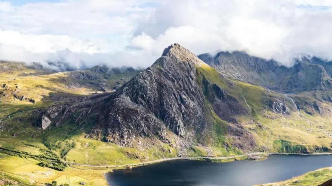 Aerial photo of Tryfan with lake - Llyn Ogwen - in the foreground