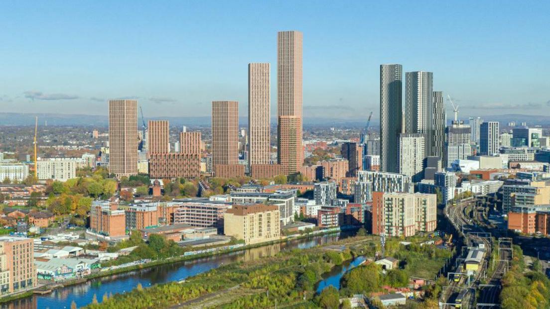 Artist's impression of skyscraper and new buildings in Salford near Manchester city centre's skyscrapers with the river Irwell lined with other buildings and officers at the bottom. The new buildings appear beige in colour compared to Manchester's silvery grey. 