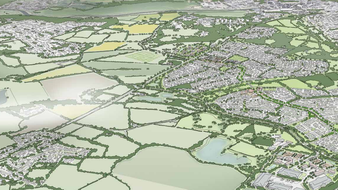 An artist's impression of how the new garden community would look, from the sky. There are green fields and houses.