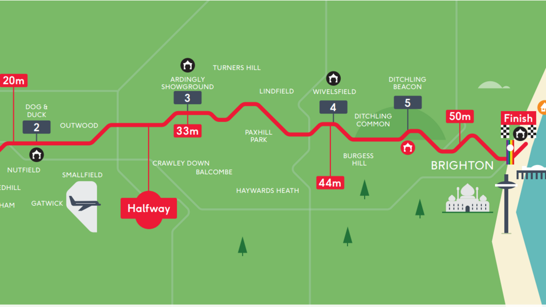 A graphic of the route map weaving through Surrey to Brighton's shore