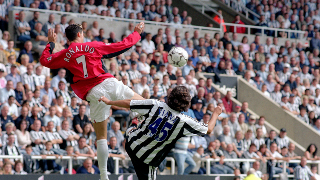 Hugo Viana in action for Newcastle United against Manchester United's Cristiano Ronaldo in 2003