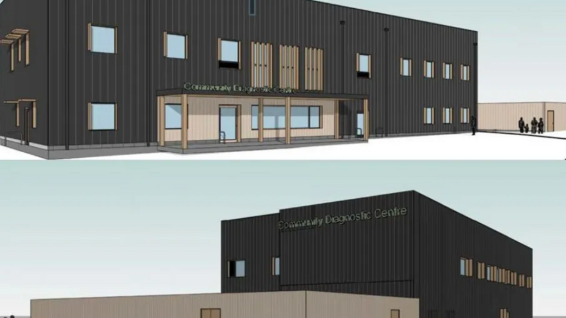 Artist's impression of a new medical building in shades of brown with Community Diagnostic Centre across the top