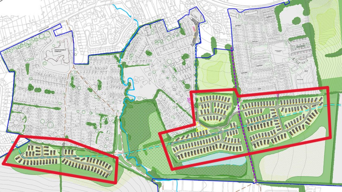 An aerial map of the proposals for the Weymouth Bay Holiday Park site. It shows some green areas and existing caravans. Two blocks of new caravans are outlined in red. They are in the south area of the park, towards the sea.