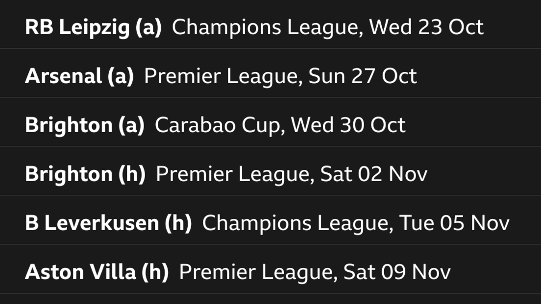 Graphic showing Liverpool's upcoming fixtures start with three straight away games - RB Leipzig in the Champions League, Arsenal in the Premier League and Brighton in the Carabao Cup