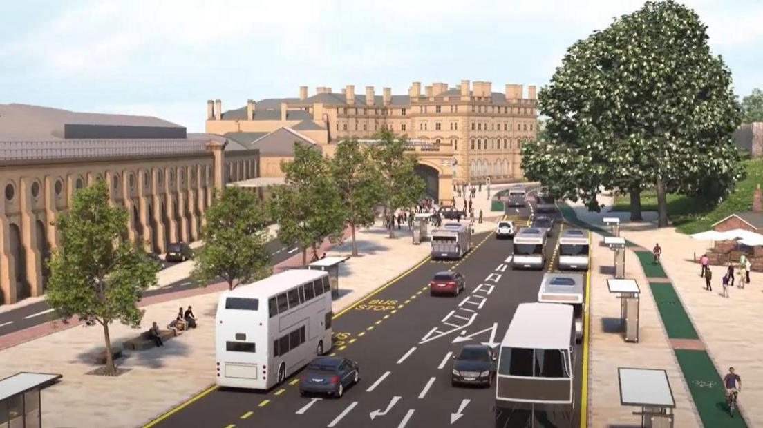 A computer generated image of buses and cars on a road running outside a railway station on the left. Trees and buildings in the background.