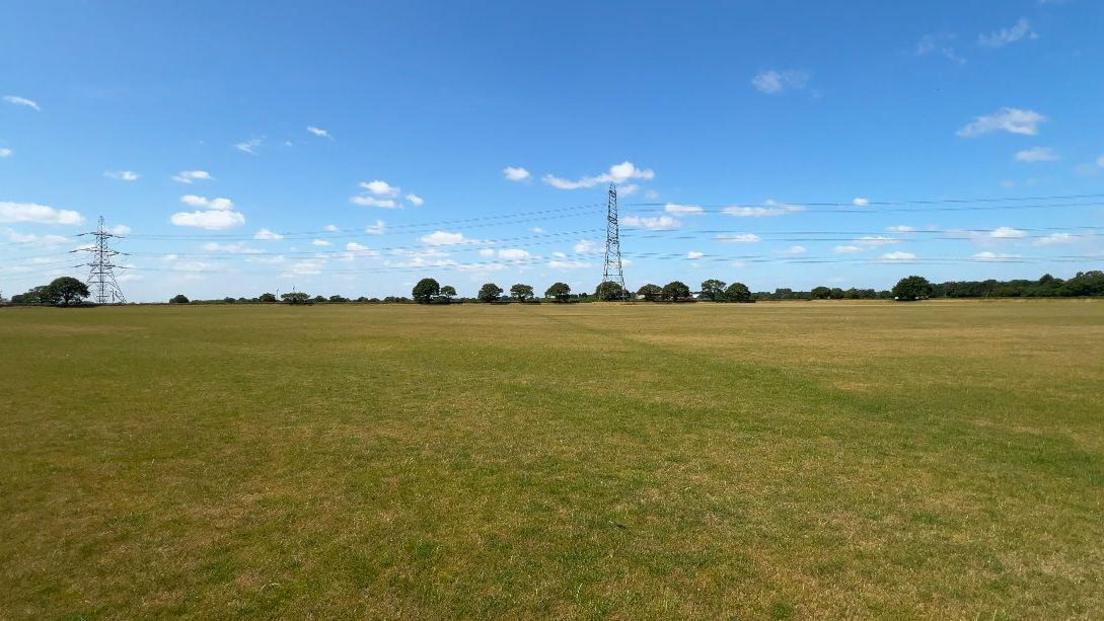 A view of one of Mr Hutton's vast fields, the grass is a yellow burnt out colour in some areas with patchy green spots. The land looks tired, in the distance is a line of green trees.