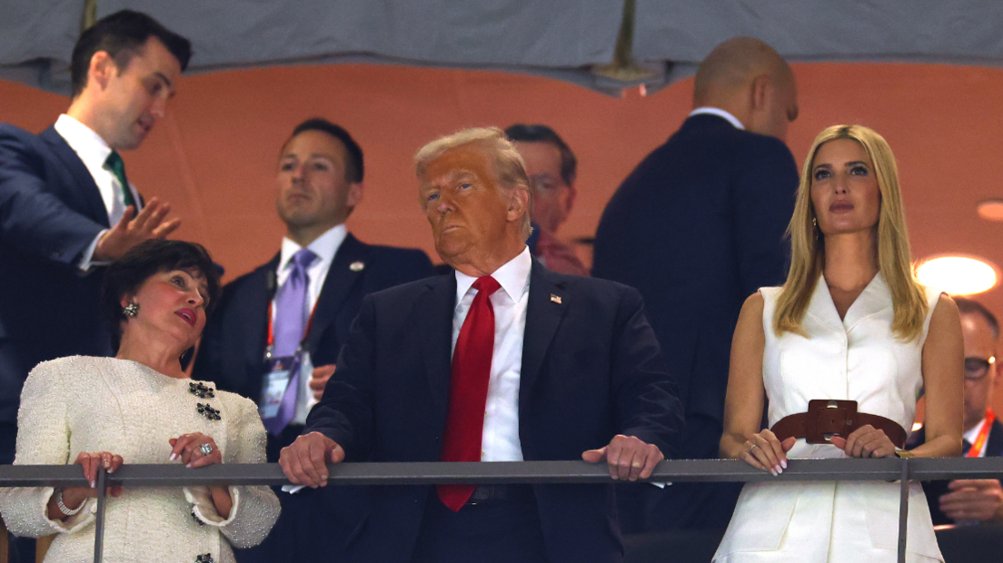 New Orleans Saints owner Gayle Benson, U.S. President Donald Trump, and Ivanka Trump look on during Super Bowl LIX at Caesars Superdome