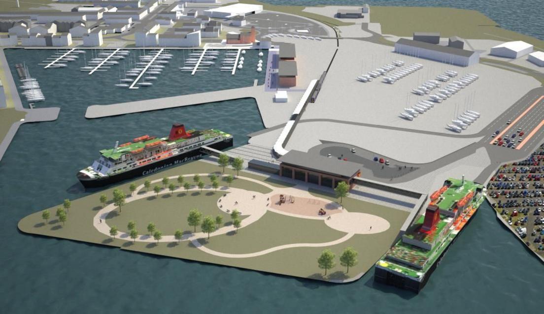 Artists impression of Ardrossan redevelopment. Two large ships can be seen berthed next to a landscaped area