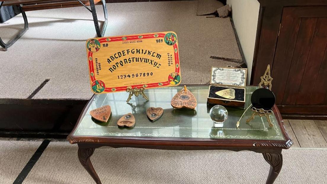 Small table with artefacts on display