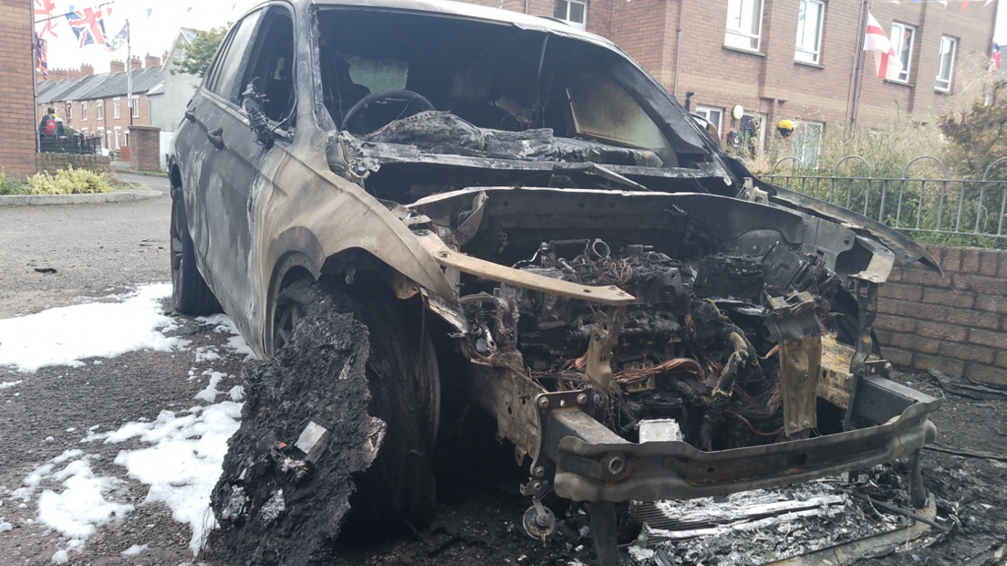 The front of one of the vehicles destroyed in the attack in east Belfast