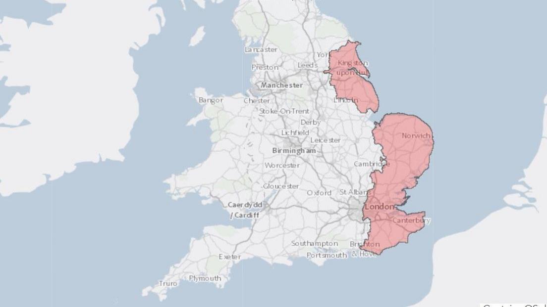 A screenshot of a map from the government's website, showing red areas across East Yorkshire and Lincolnshire and from Norfolk down to Essex