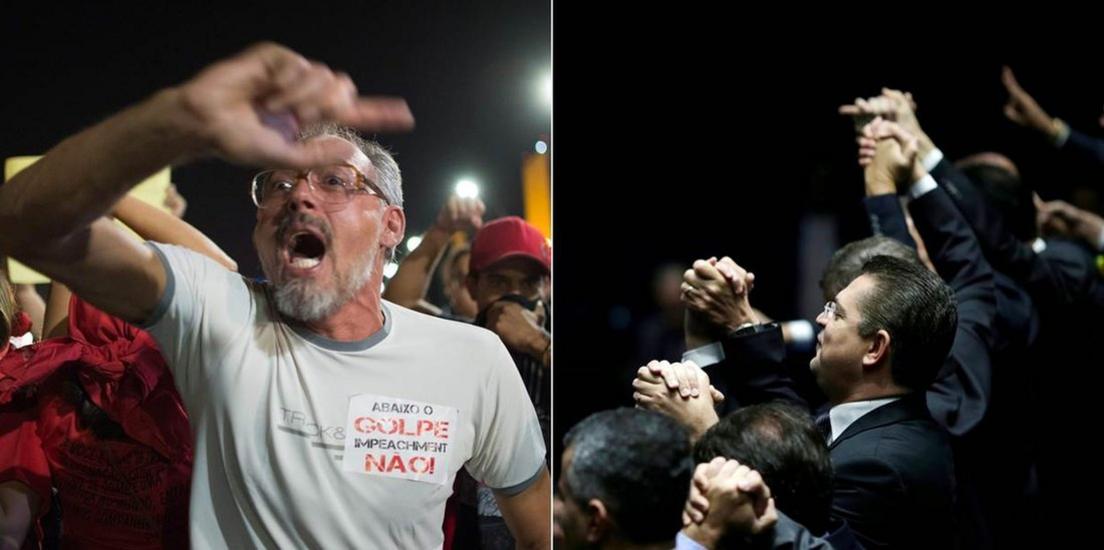 Composite image showing supporters of Dilma Rousseff (l) and senators who votes for her impeachment (r) - 11 April 2016