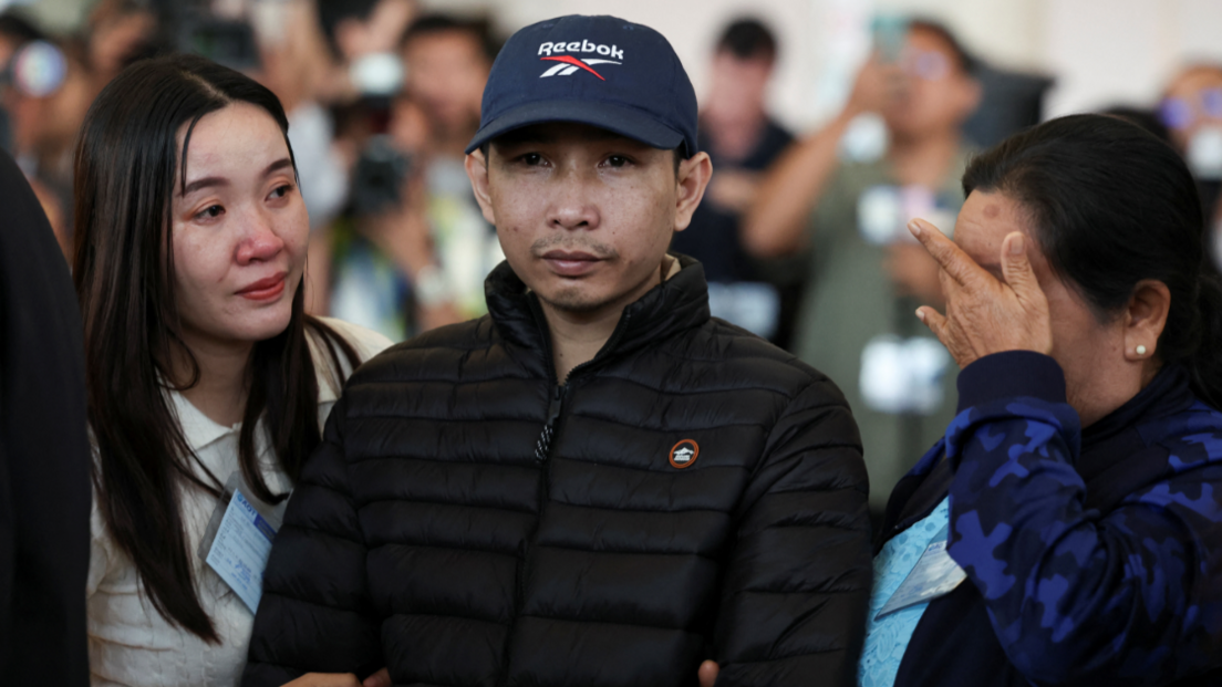 Relatives of Sathian Suwannakham, one of the released Thai hostages, who was kidnapped during the deadly October 7, 2023 attack by Hamas and held in Gaza, react as the hostages arrived in Thailand following their release