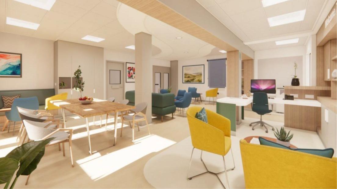 An artist's impression of the interior of the new centre. It is bright with brightly coloured furniture.