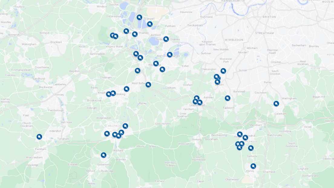 Google map shows locations of charge points across Surrey