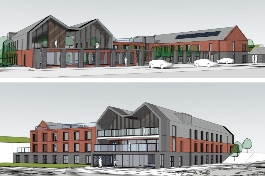 Two images showing impressions of modern buildings finished in a mixture of red brick, glass and grey cladding. 