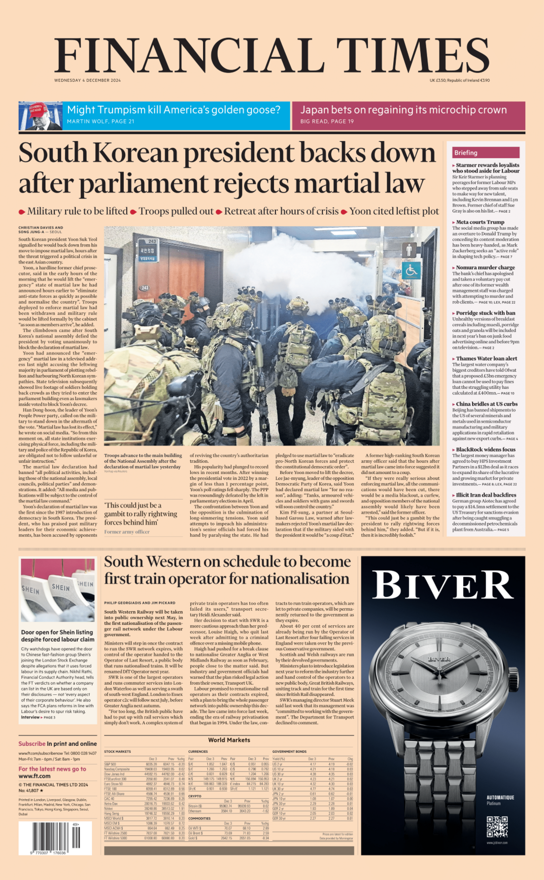 Financial Times front page with headline: "South Korean president backs down after Parliament rejects martial law". The picture shows troops dressed in camouflaged body armour, helmets with infrared and other optics, and carrying assault rifles inside the National assembly building. 