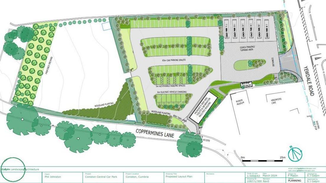 A map of the proposed car park. The entrance to the site is on the east of the map at Yewdale Road, while the Ruskin Museum stands to the south. six coach bays are located near the entrance while the 70 car parking spaces are further to the west.