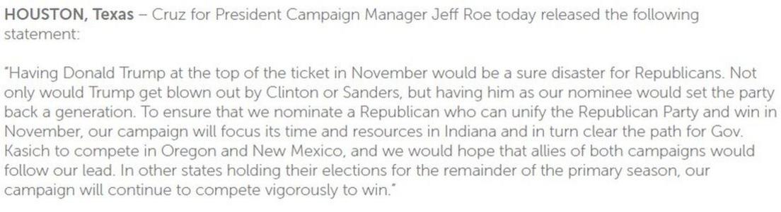 Post by Ted Cruz's campaign manager in April 2016 saying: "Having Donald Trump at the top of the ticket in November would be a sure disaster for Republicans. Not only would Trump get blown out by Clinton or Sanders, but having him as our nominee would set the party back a generation."