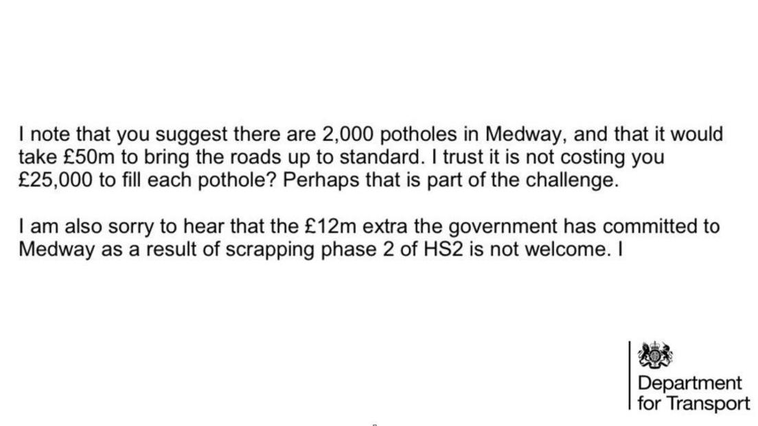 A close up of some text in a letter sent by the department for transport to Medway Council 