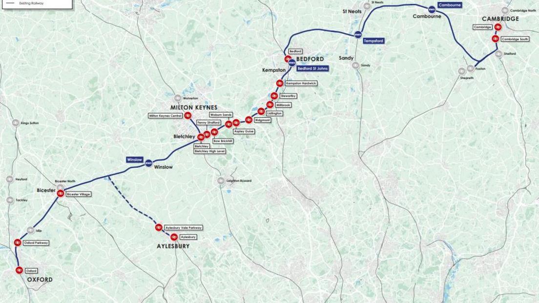 Graphic of a blue route running from Oxford through Milton Keynes and Bedford, then Tempsford, to Cambridge. 