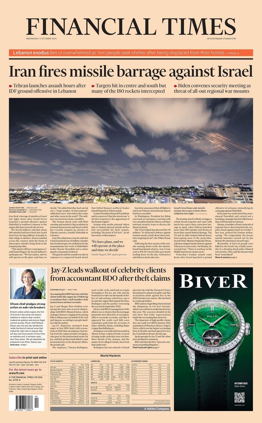 Financial Times front page for 2 October 