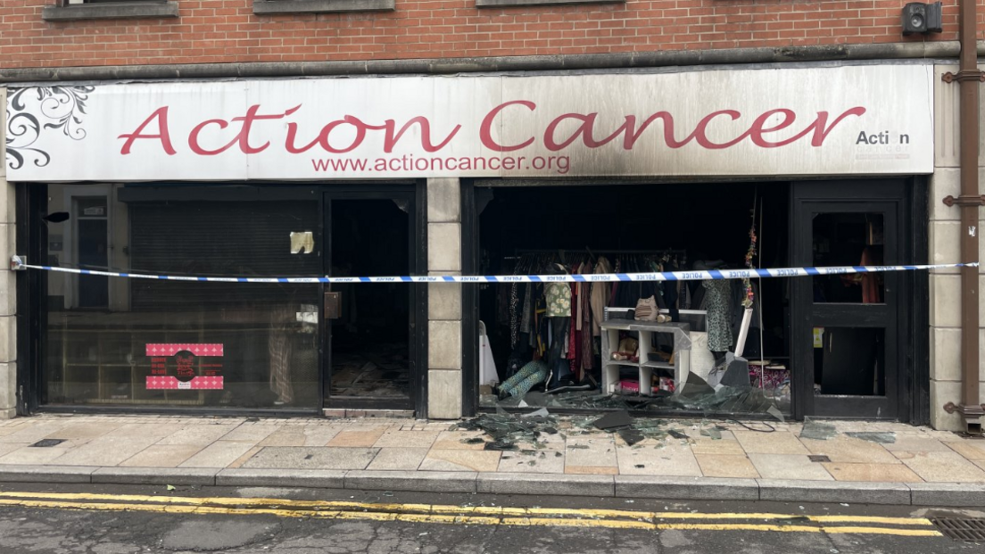 A fire damaged Action Cancer store in Bangor