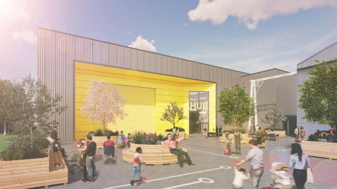A drawing of of a large grey building with a large square yellow entranceway and people walking around a tarmac area in front of it