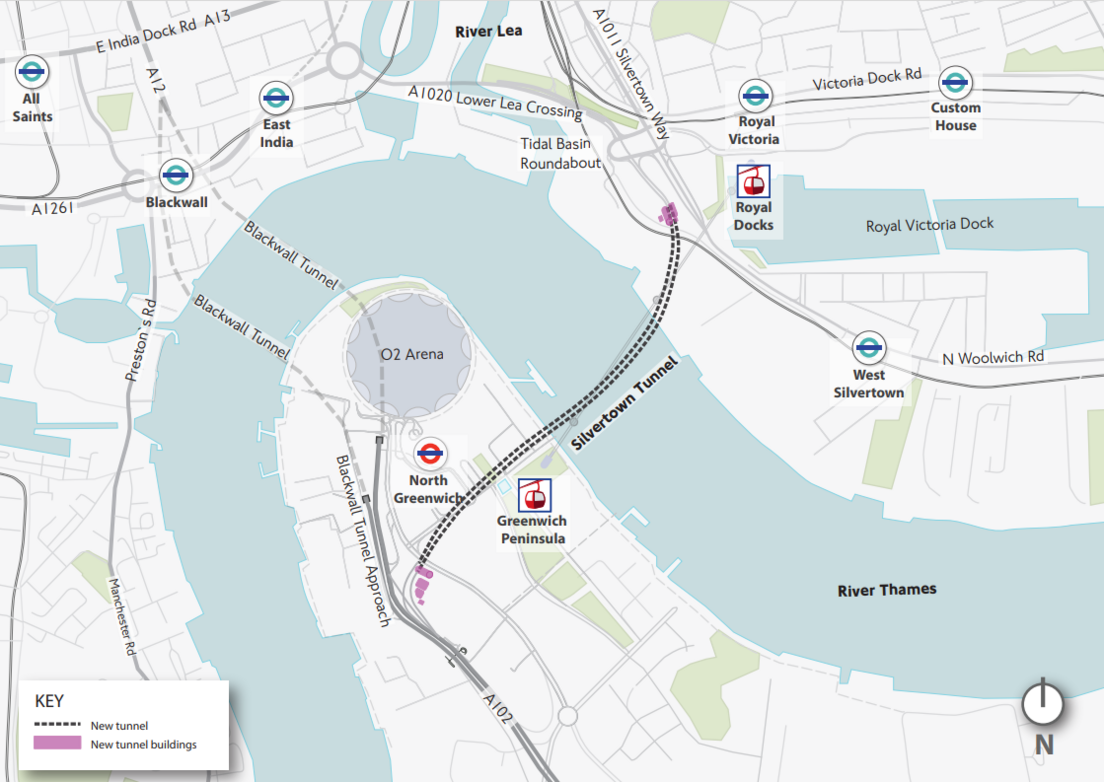 A graphic of a map showing the route the tunnel will take under the River Thames