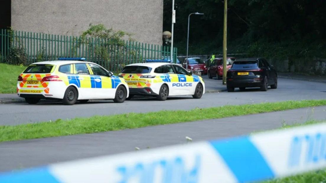 Two police cars are parked on the far side of the road, with police tape cordoning off the area and other cars parked further down the street.