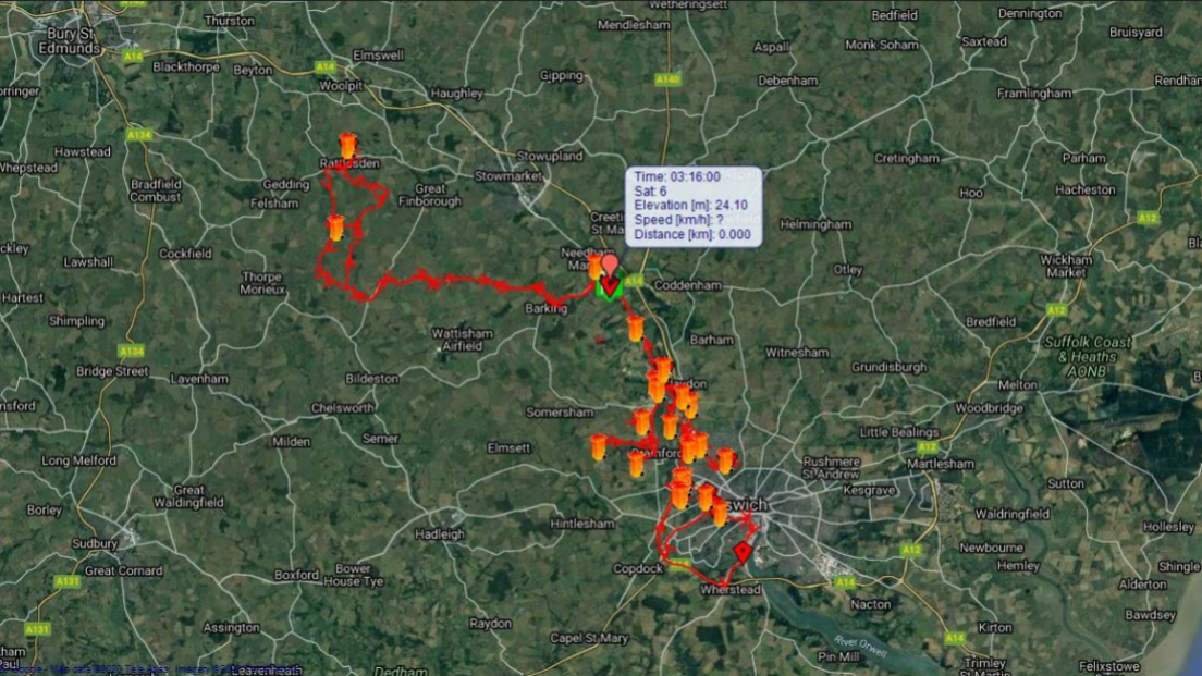 An aerial view of a map showing the red route which bin lorries would have taken