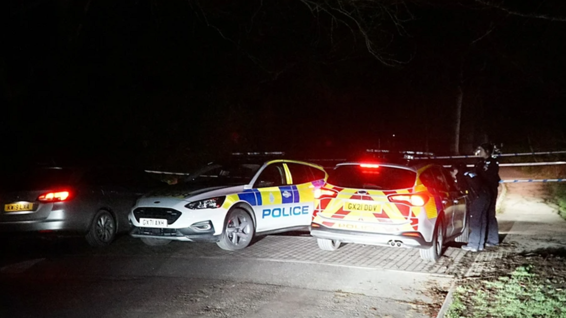 Two police cars next to a crashed Citroen Berlingo, with police tape surrounding it and two officers beside the patrol cars, in the dark.