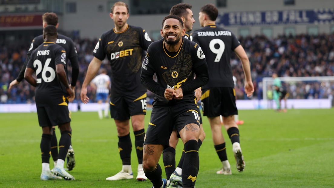 Wolves players celebrate scoring against Brighton