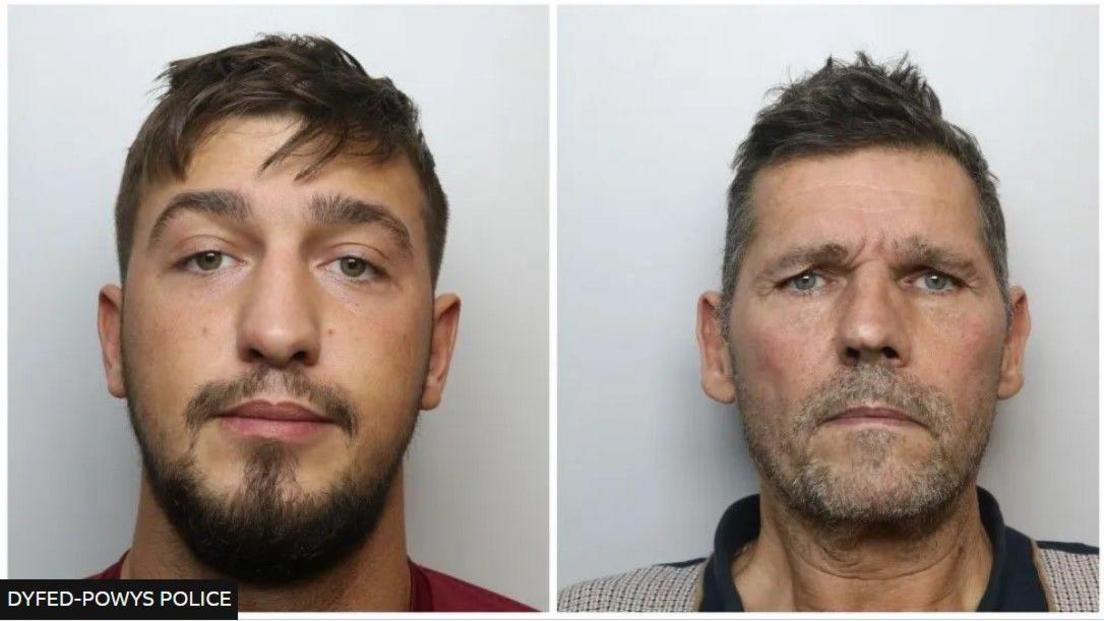 Composition photos of Samson and Stephen Leyson. Samson Leyson is on the left and has a moustache and beard, with brown hair, green eyes and a red top. He is looking at the camera in this police photo. Stephen Leyson is on the right and is wearing a green and beige patterned top, with grey stubble, brown hair and blue eyes. 