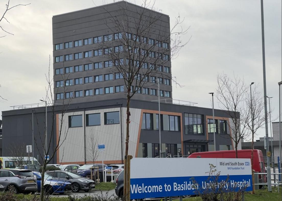 Front view of Basildon Hospital including sign