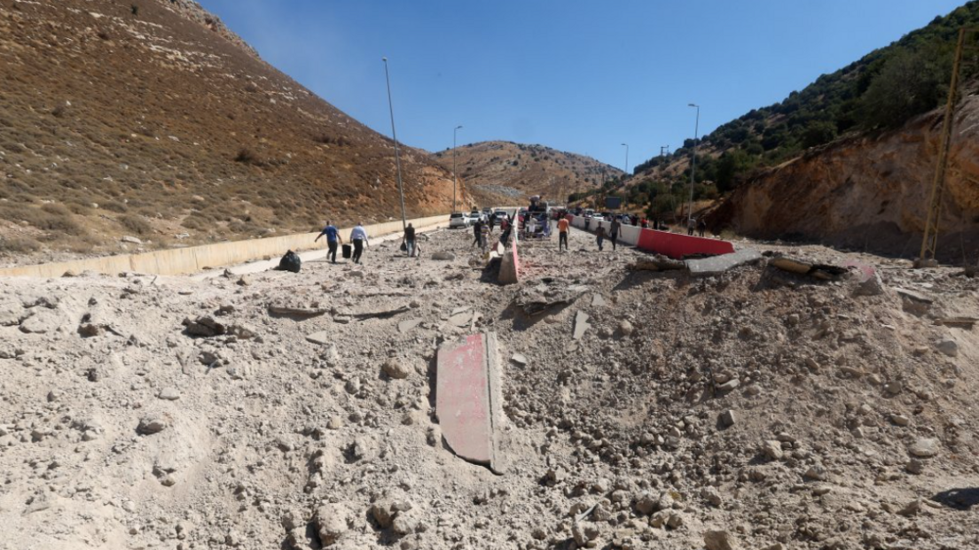 The massive crater in the middle of the road near the Masnaa crossing on 4 October 2024