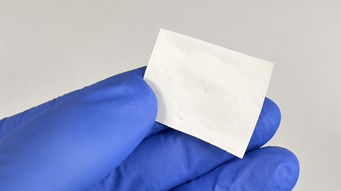 A close up image of a plant-based wound dressing developed by university researchers. The dressing is white and rectangular in shape. It is being held by somebody wearing blue latex gloves.