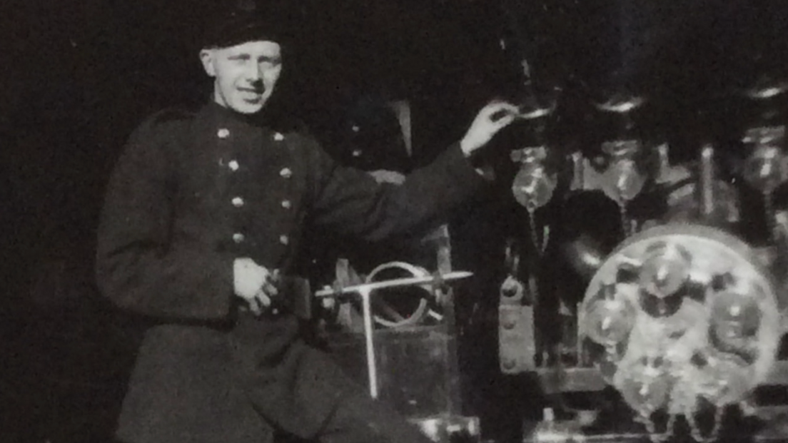 William Wallace Crocket in uniform pictured near a fire engine