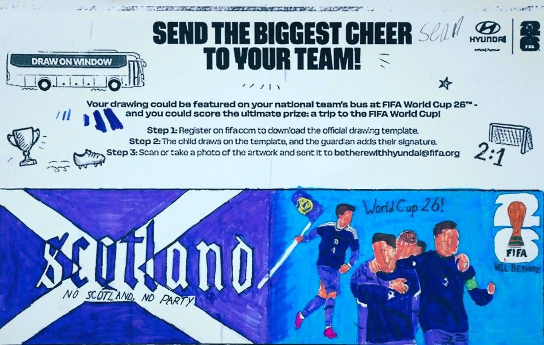 A drawing of Scotland players celebrating a win along with a Saltire with the words Scotland - No Scotland, No Party 