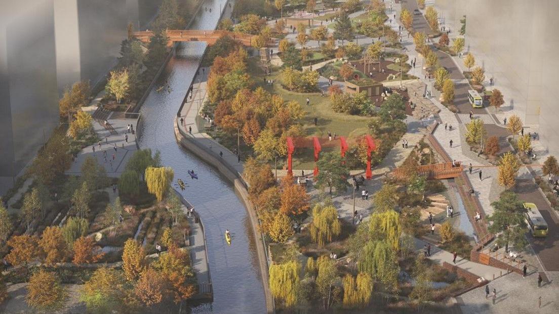 A CGI image of Central Park, which would be built under plans to develop Central Docks in Liverpool.